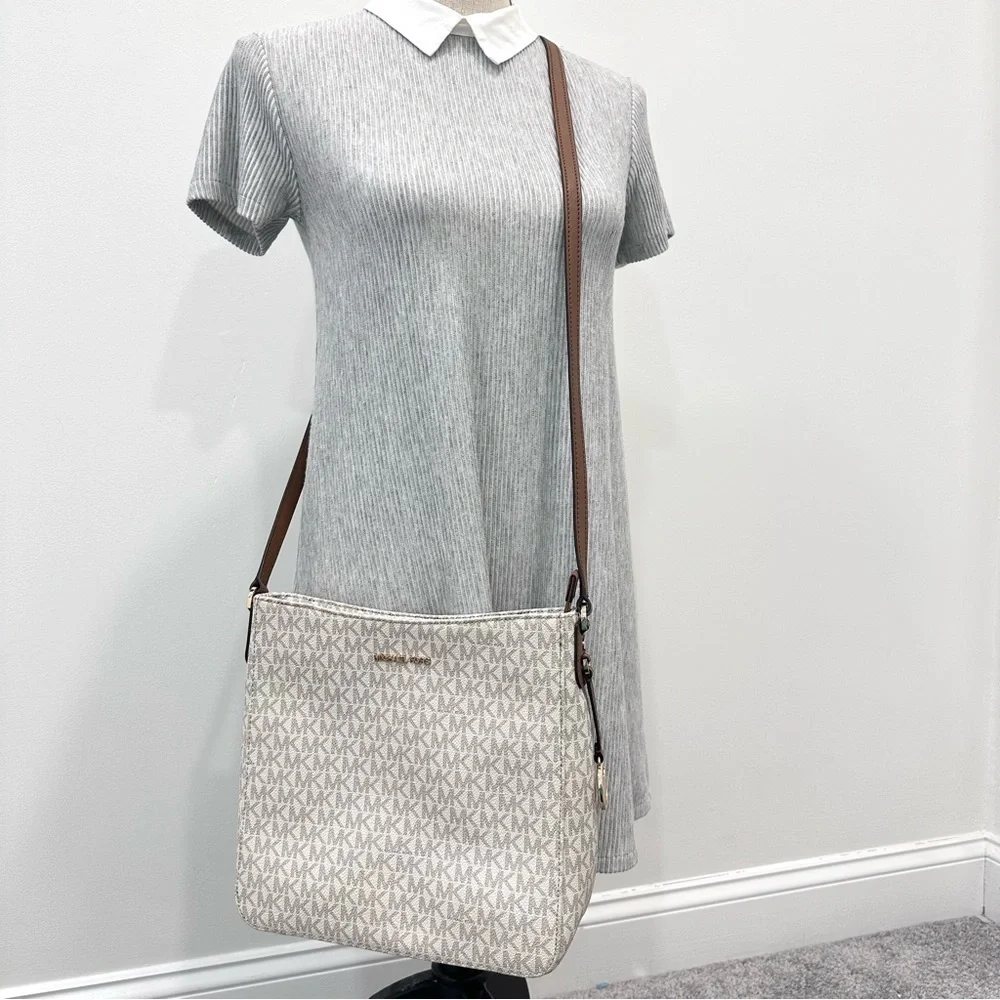 Michael Kors White Logo Crossbody with Brown Strap